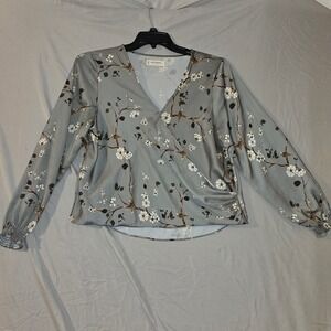Lucky Brand Wrap Blouse Large Women Sage Green Floral Bird Satin V-Neck Top